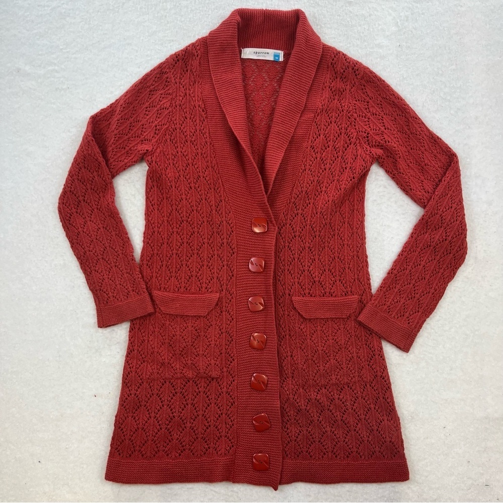 Anthropologie Sparrow Open Knit Cardigan Sweater Coral Lambswool Angora Medium